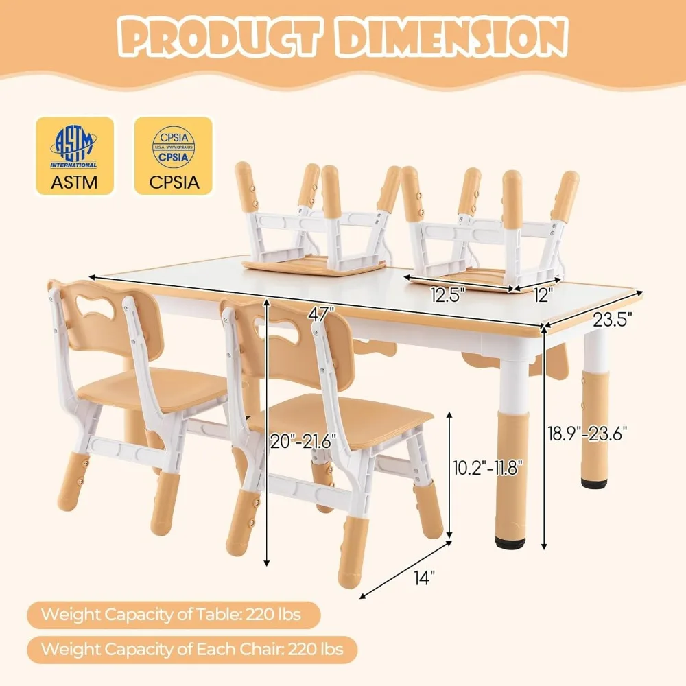 Kids Table and Chair Set, Height Adjustable Children Activity Table and 4 Chairs Set w/Erasable Graffiti Desktop, Todd