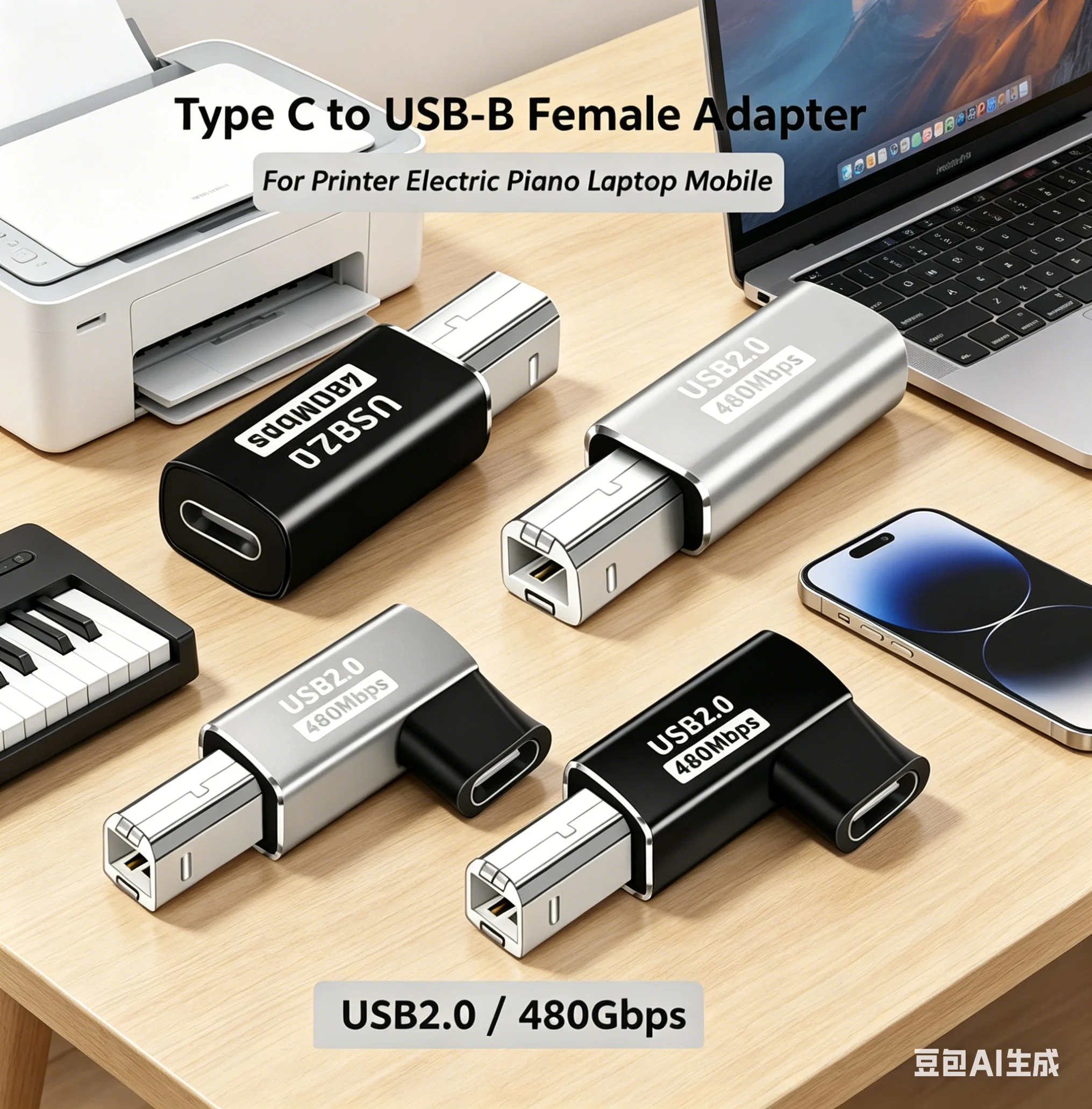 Adaptador USB B Macho para USB Tipo C Fêmea para Scanner, Impressora, Conversor, Transferência USB para Impressora, Controlador MIDI, Teclado