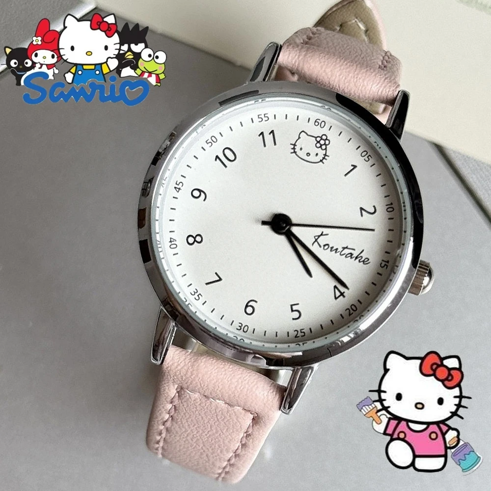 

Студенческие часы Sanrio, модные кварцевые часы с кожаным ремешком, изысканный циферблат Hello Kitty, детские часы для мальчиков и девочек, подарочные часы