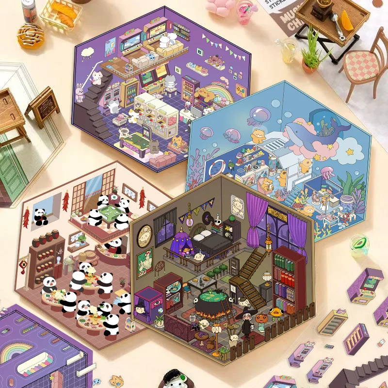 Cute Miniature World 3D Landscaping Stickers DIY Handmade Simulation Cabin Stacking Stickers Cartoon Cabin Scene Stickers