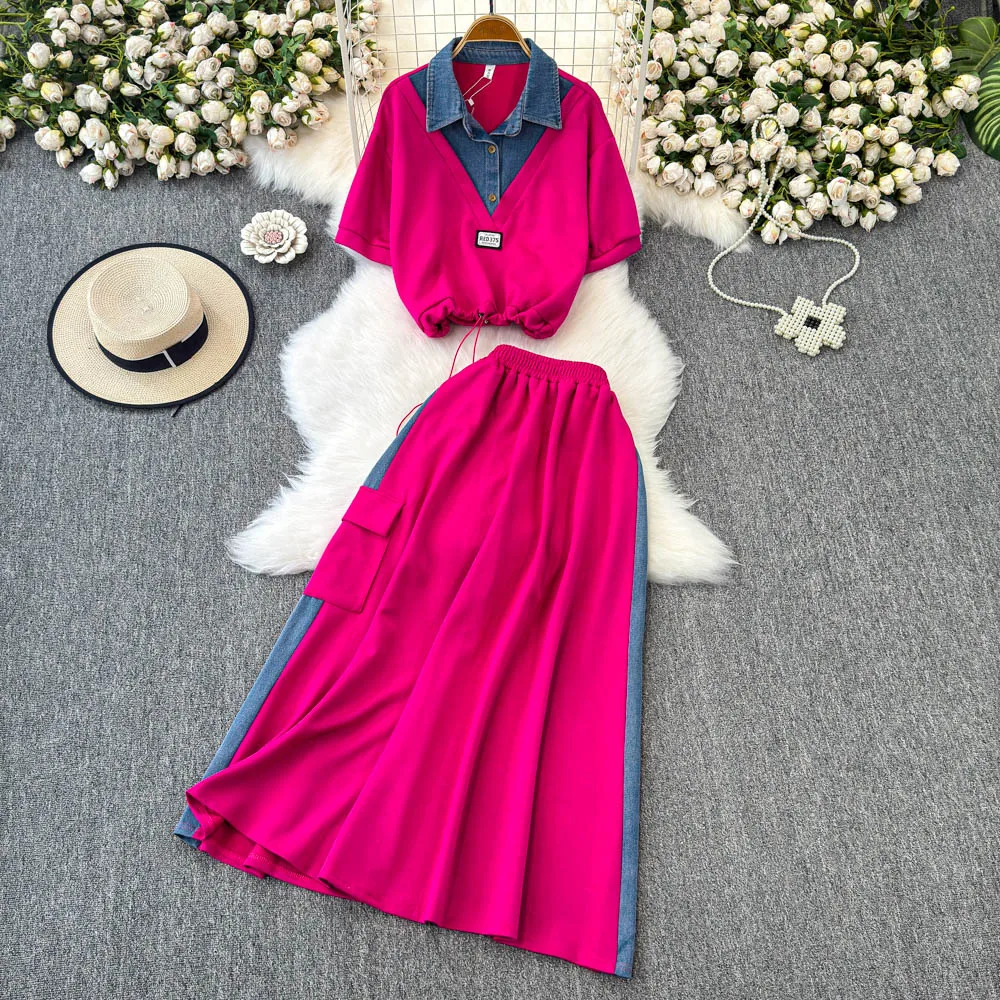 

Women Denim Splicing Turn-down Sets Fashion Temperament Slim Tops + High Waist Skirt Two-piece Set