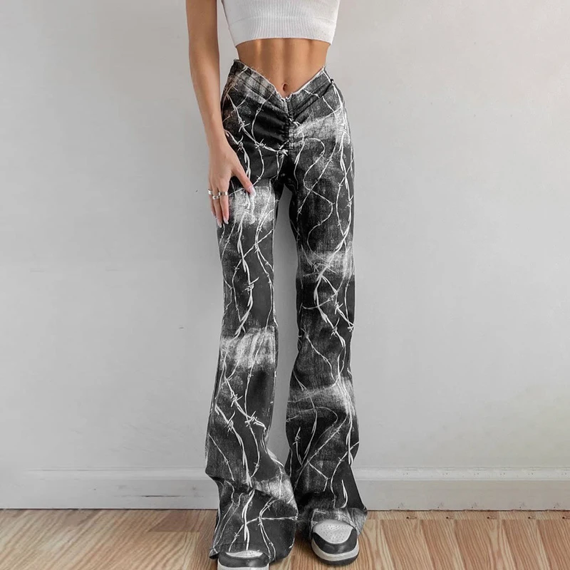 OMSJ 2024 Chic Tie Dyed Contrast Straight Flare Pants Women Y2k Streetwear V-shaped High Waist Woven Harajuku Loose Fit Trousers