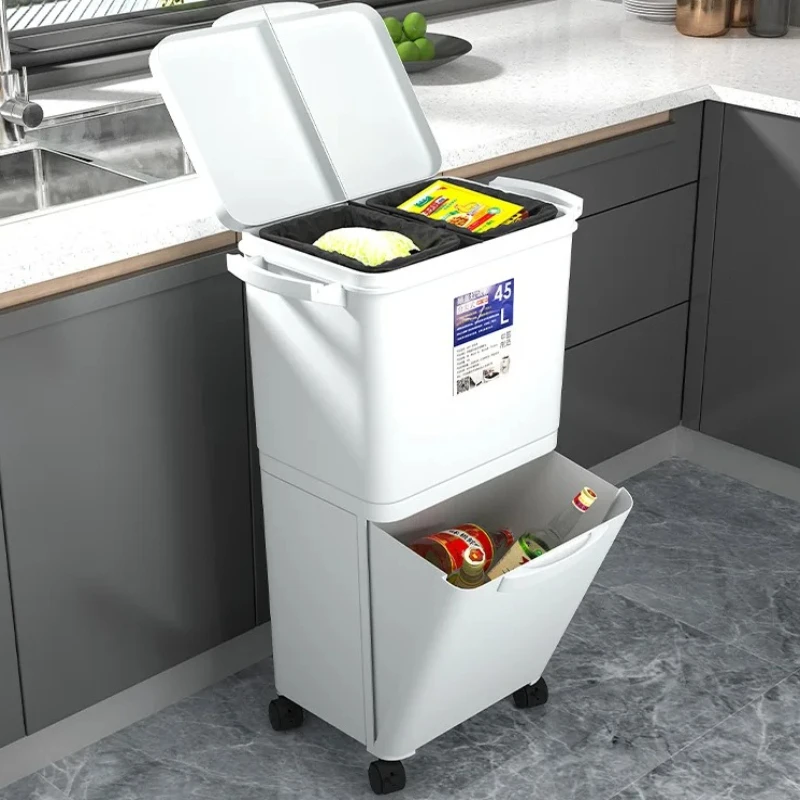 Heavy Duty Recycling Bins for Home Office Use Tall Motion Sensor Trash Can, 30L Dual Compartment Kitchen Bin with Lid & Wheels,