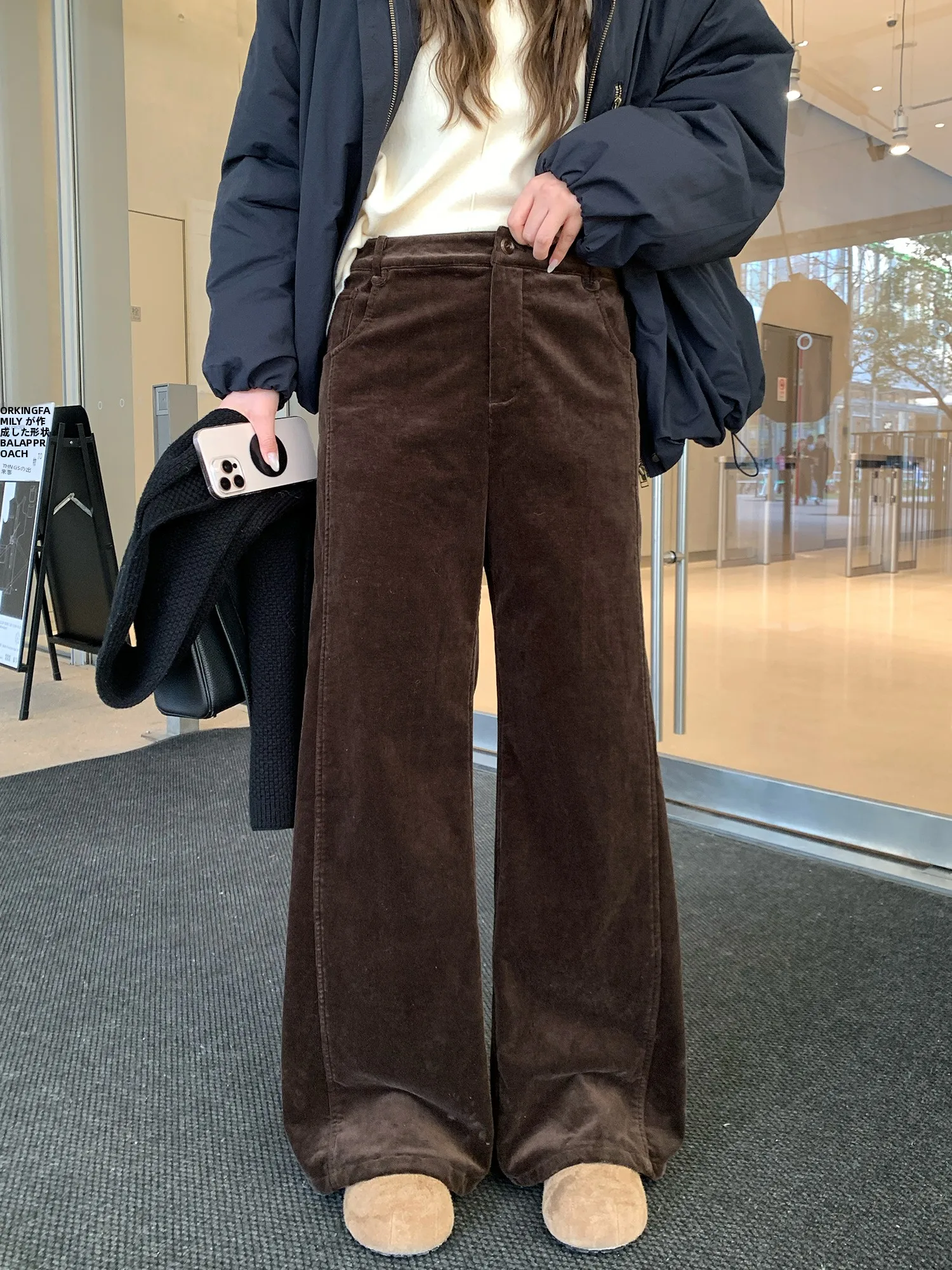 

NAZ plus Size Corduroy Fleece Lined Wide Leg Pants High Waist Straight Cut Women's Loose Fit Casual Trousers Retro Style