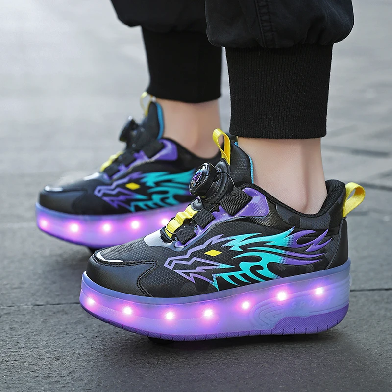 Zwarte Mode Meisjes Jongens Led Licht Rolschaats Schoenen Voor Kinderen Kinderen Sneakers Met Wielen Twee Wielen Sneakers Voor Jongens Kids