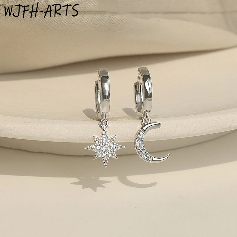 WJFH-ARTS Novel Creative Zircon Inlay Asymmetry Moon Star Earrings For Women Daily Wear Ins Hoop Earrings Party Jewelry Gift