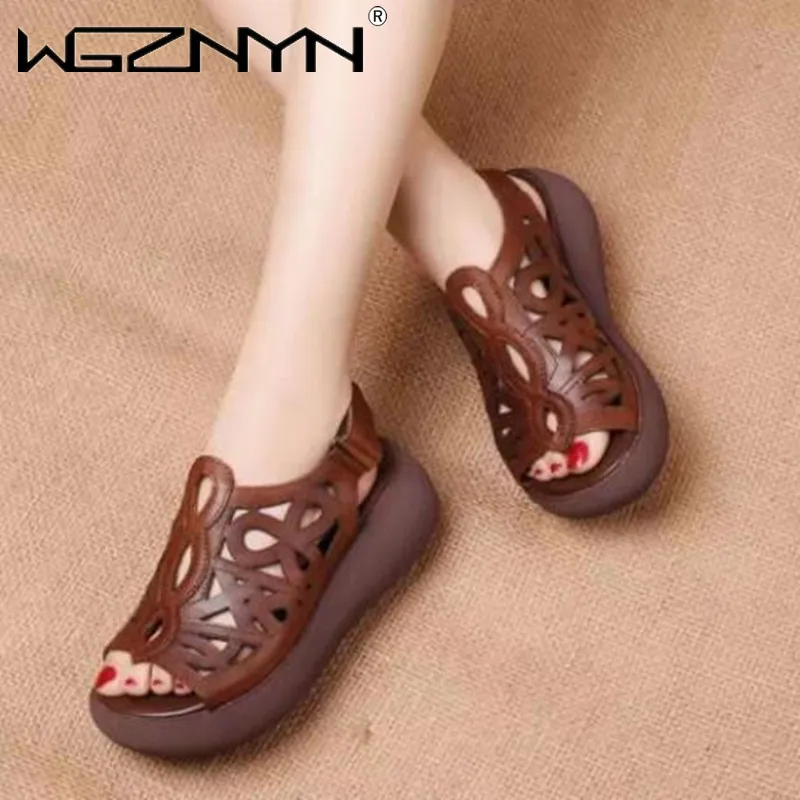 2022 NEW Summer Women Sandals Genuine PU Leather Wedges High Heel Platform Hollow Peep Toe Female Ladies Shoes Zapatos De Mujer