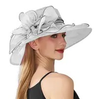 Solid Color Flowers Women Derby Hat Wide Brim UV Protection Summer Ruffles Sun Hat Organza Foldable Bridal Tea Party Wedding Hat - Image 5