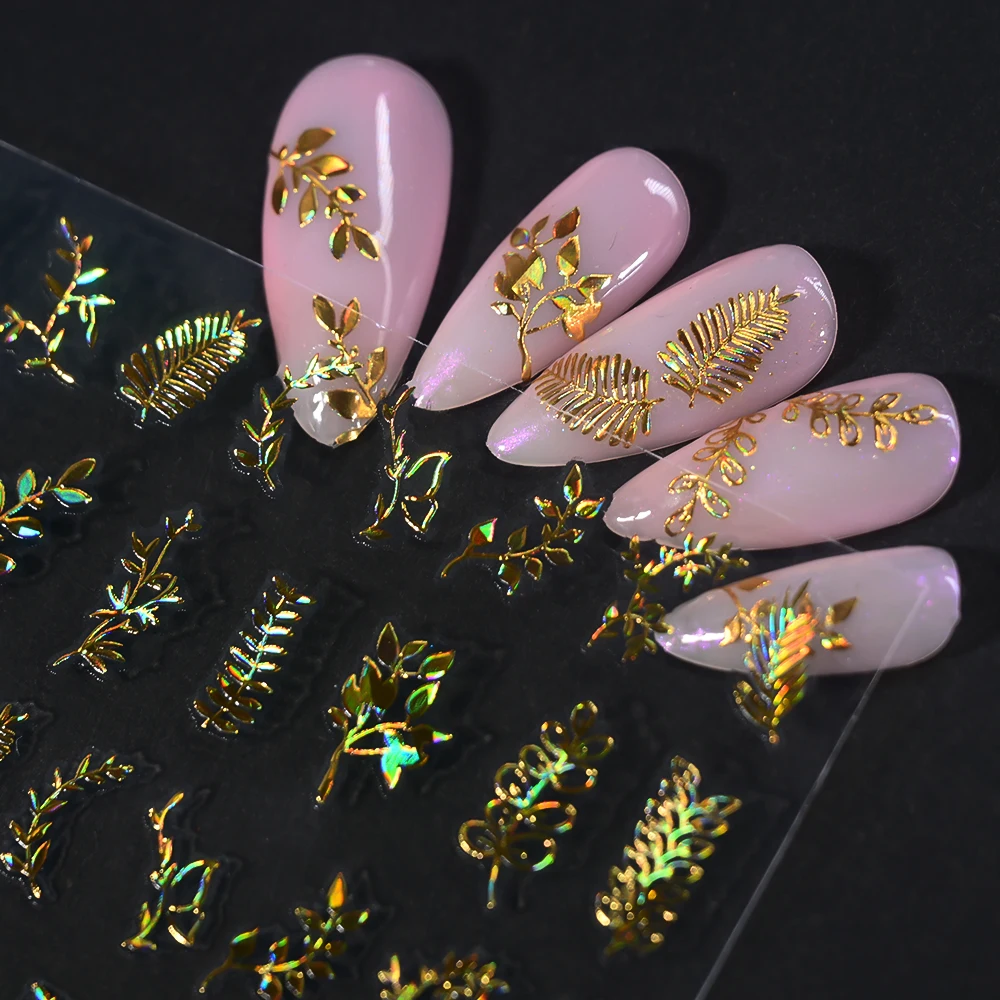 Autocollants pour ongles, feuilles métalliques dorées, fleurs, Design miroir holographique, décalcomanies papillons, curseur adhésif, décoration, 12 pièces