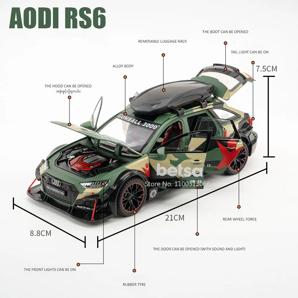 1/24 audi rs6 veículos modificados modelo de carro brinquedos liga diecast com puxar para trás luz & som modelo carros meninos presentes para crianças