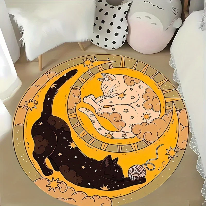 Cute Cat-Themed Round Floor Mat - Two Cats on Moon with Stars & Clouds, Soft & Durable, Perfect for Bedroom or Living Room