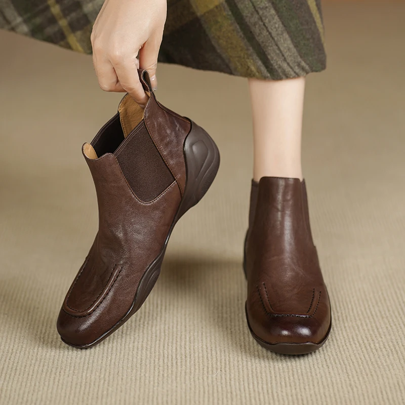 2026 new autumn winter natural leather women ankle boots 22-25cm washed cowhide round toe flat heel Chelsea boots modern shoes
