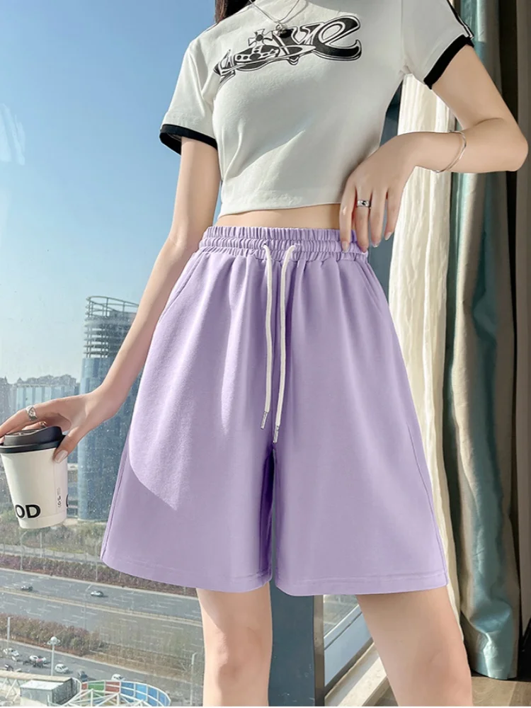 

Big Size Denim Shorts Quarter Trousers A Wide Leg Loose High Waist Skinny Students Fattening Women Pocket Splicing Stripe