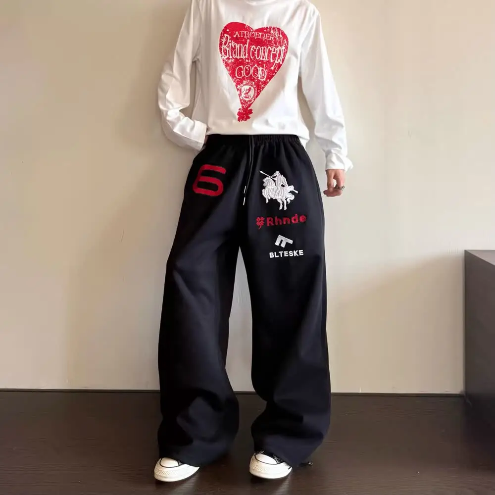 Retro American Embroidered Black Sweatpants Straight Leg Men's Fashion High Street Baggy Trousers Casual Polyester Fiber