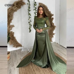 OIMG Saudi Arabic Green Shiny Evening Dresses O Neck Beads Sequins Queen Prom Gowns Elegant Formal Party Dress Vestidos 2023