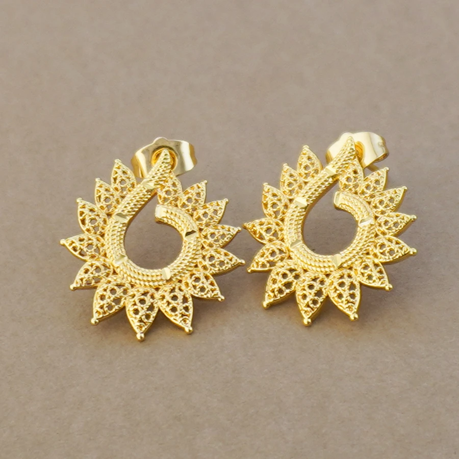 Ethiopian Jewelry Copper Gold Plated Set Serrated Flower Pendant Necklace Earrings Gold Color Africa Eritrea Wedding