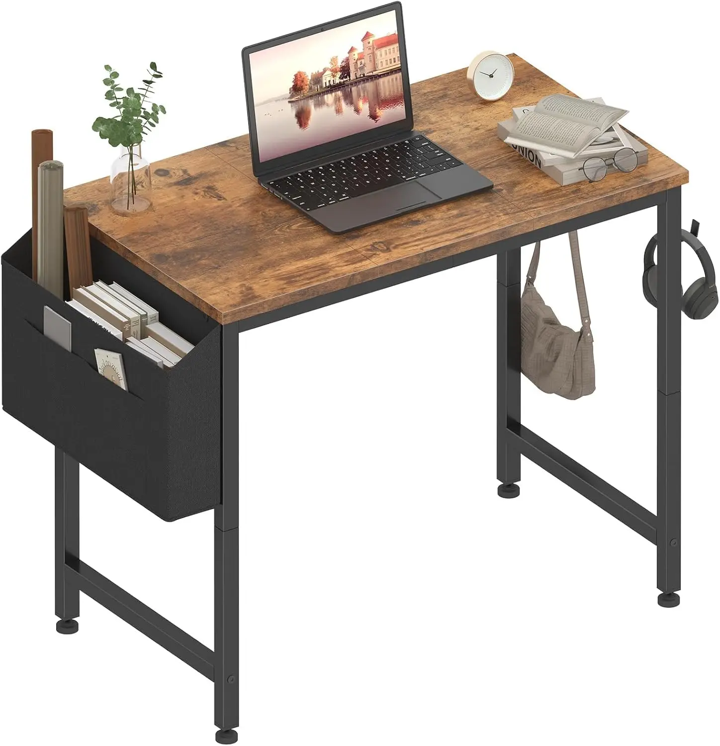 

32 Inch Compact Study Desk with Storage Bag & Hooks, Rustic Brown Modern Writing Table for Small Spaces