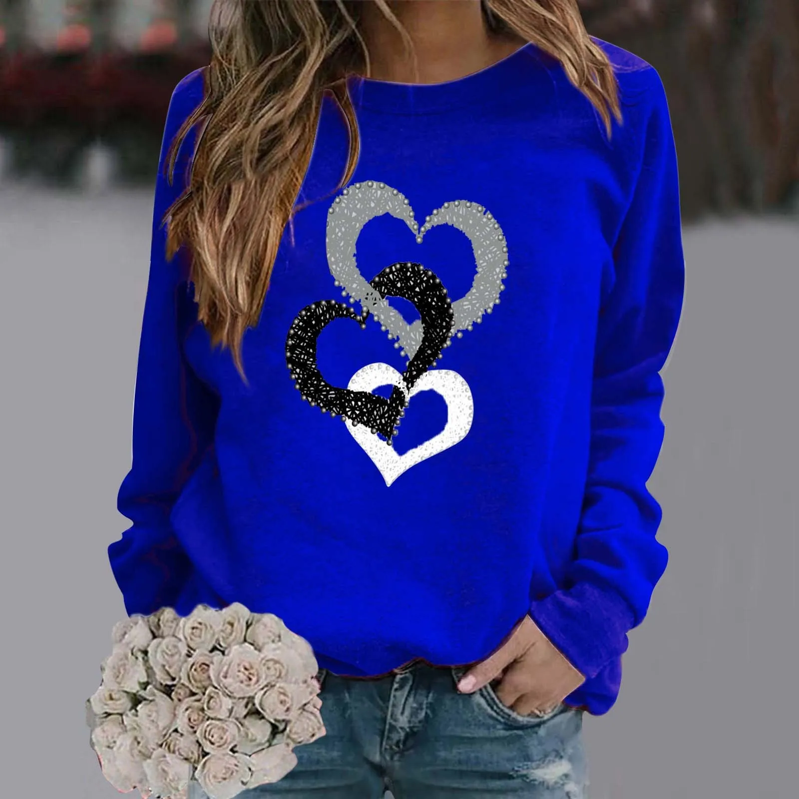 Valentine\'s Day Pullovers Women\'s Round Neck Casual Love Heart Printed Tops Leisure Sweaters Long Sleeve Outdoor Hoodies Clothes