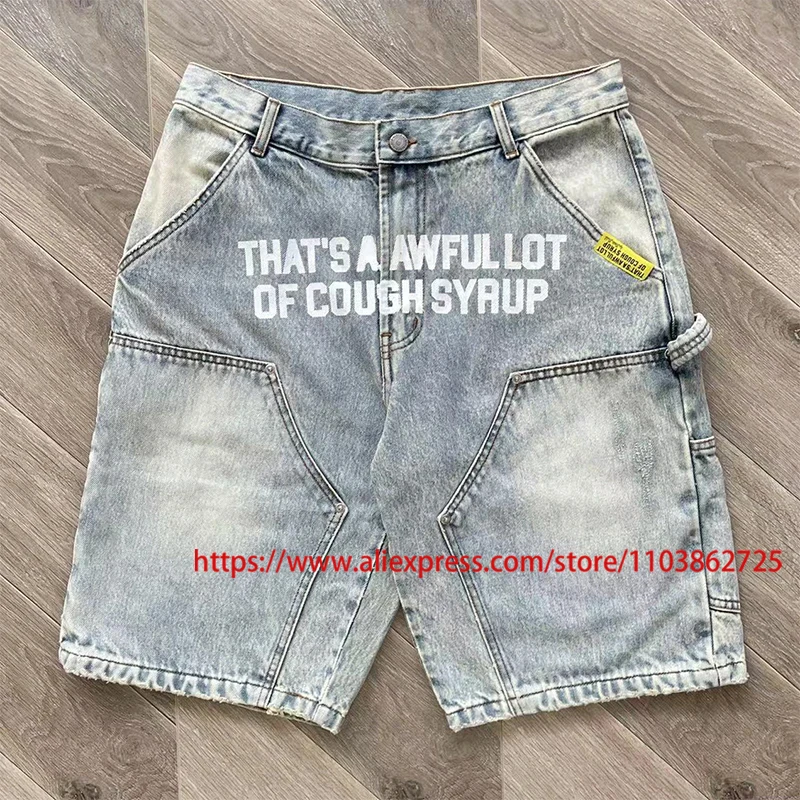 New THAT'S A AWFUL LOT OF COUGH SYRUP Denim Shorts Street Trend Letter Printed Washed Cough Syrup Casual Shorts
