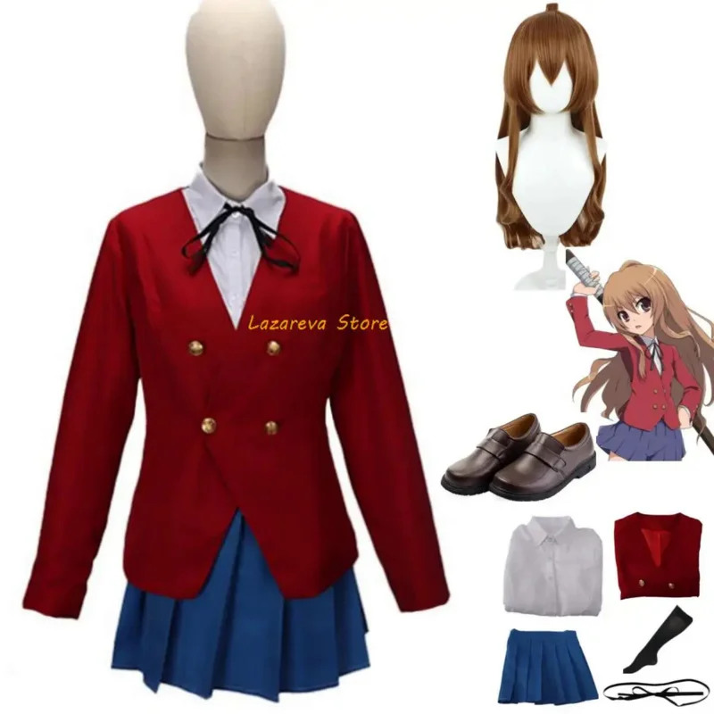 Anime tiger×dragon! tordora! Aisaki taiga cosplay costume wig red JK uniform leather shoes woman sexy kawaii Campus Party suit