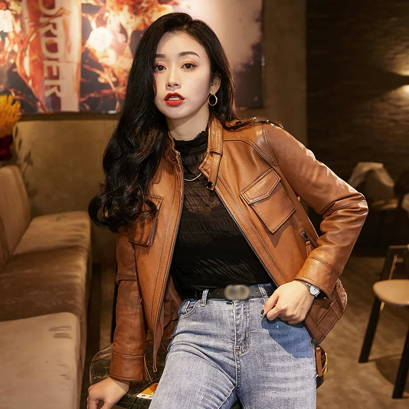 2023 Women's Genuine Sheepskin Leather Jacket New Shacket Real Lambskin Leather Coat Sheep Leather Bomber Jacket CL4028