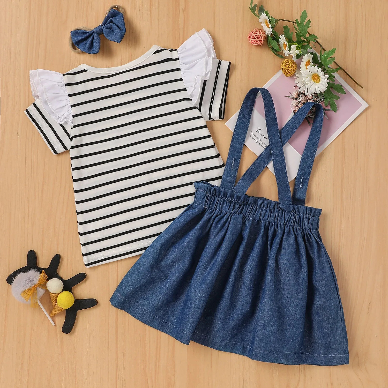 Baby Children\'s Denim Summer Striped Short Sleeved Suspender Skirt Suit Headband