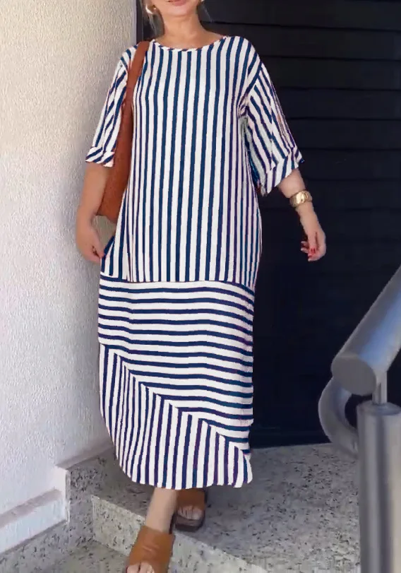 

Loose Striped Printed Dress Fashion O-neck Half Sleeve Asymmetrical Splicing Long Dresses Spring Summer New Women Clothing