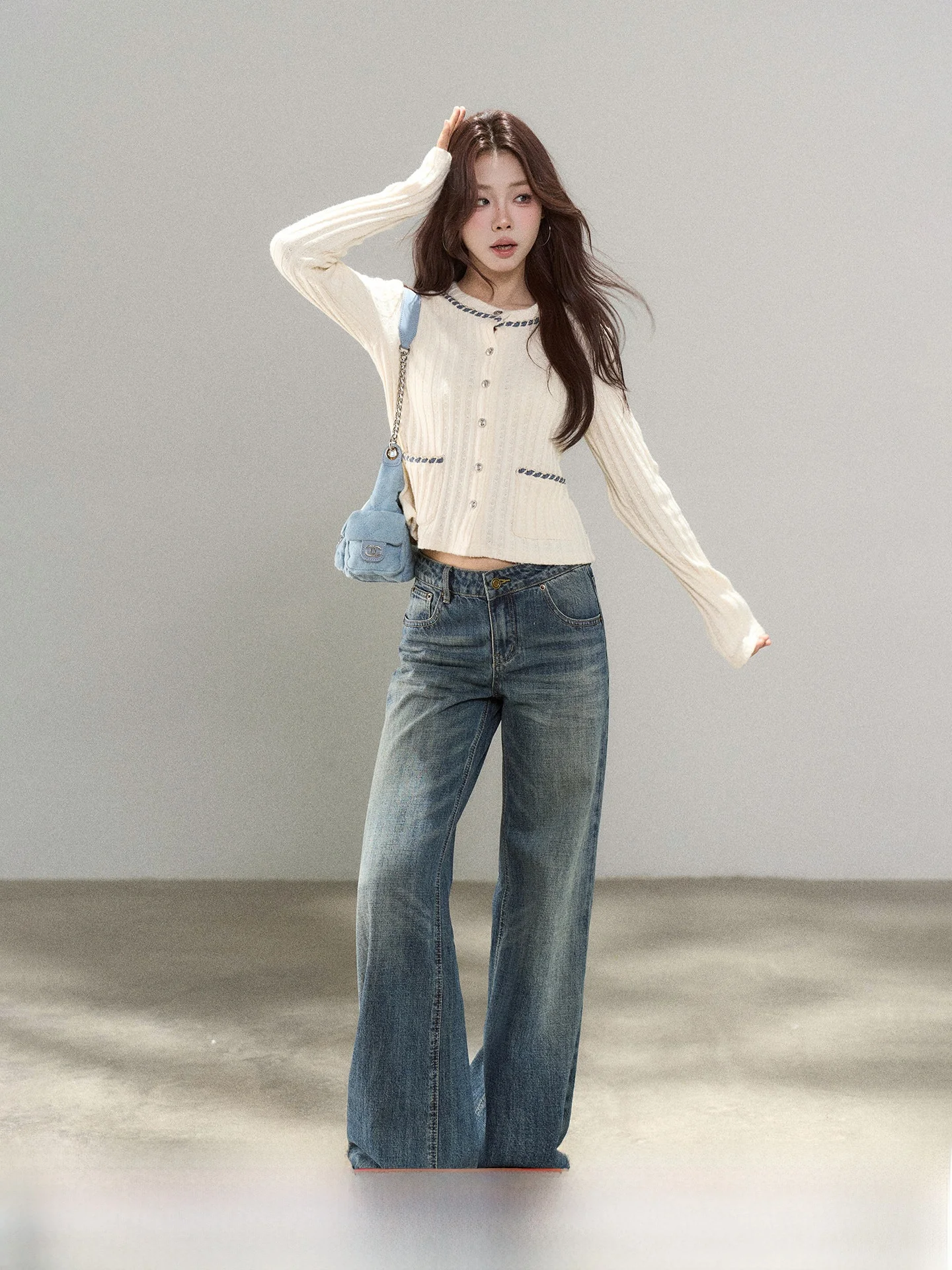 

Женский модный кардиган с круглым вырезом и длинными рукавами, свободного кроя, повседневный, с текстурой, в стиле оверсайз