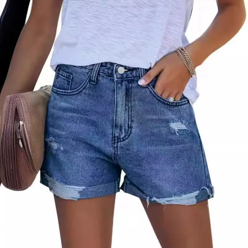 

PTKPCC Y2k Ripped Denim Shorts Women Clothes Summer Mid Waist Loose Jeans Shorts Trousers with Pockets Fashion Streewear