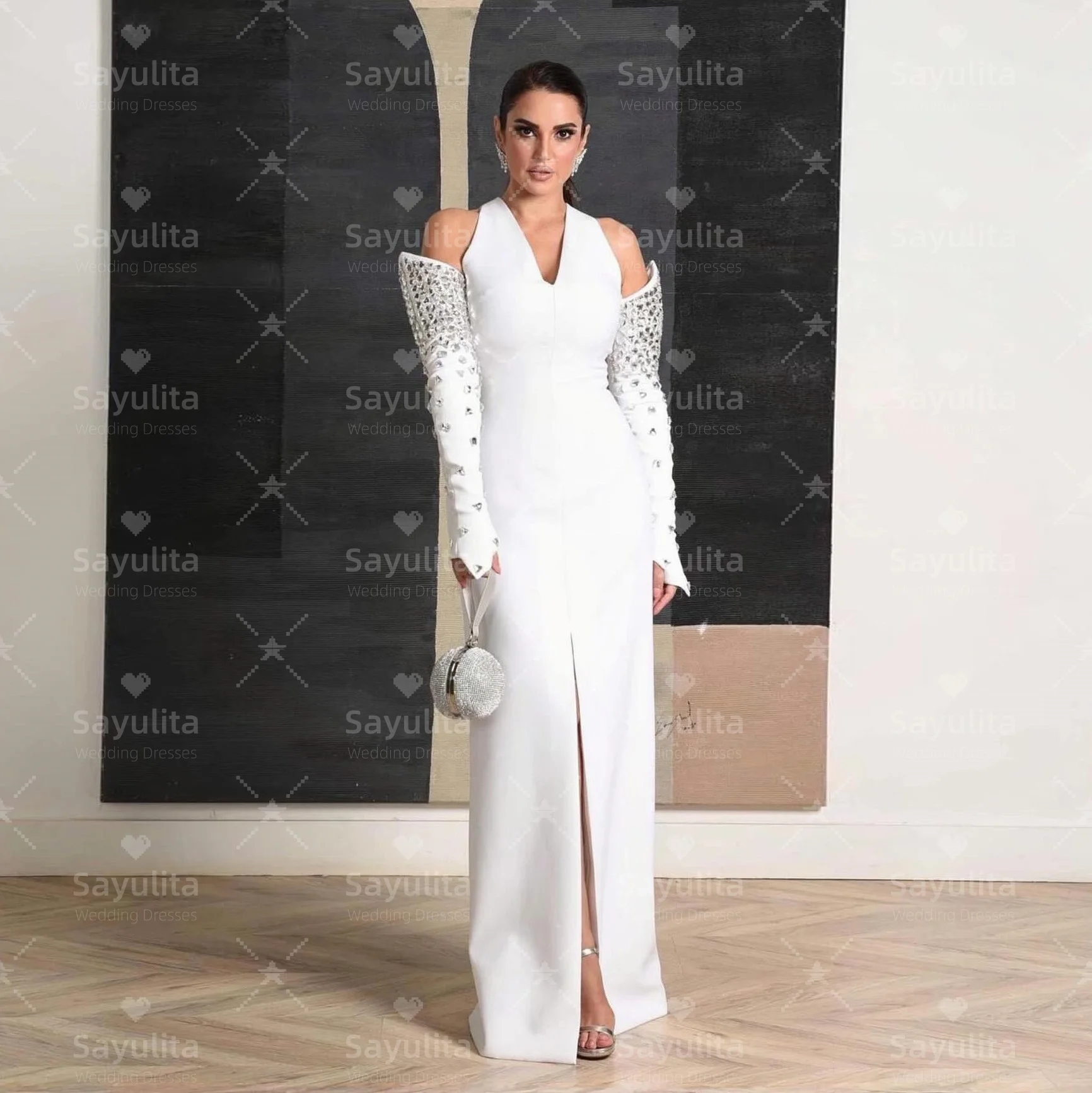 

Sayulita V Neck Prom Dresses Crystals Long Sleeves Evening Party Bride Dress Front Slit Vestidos Des Fiesta Customized