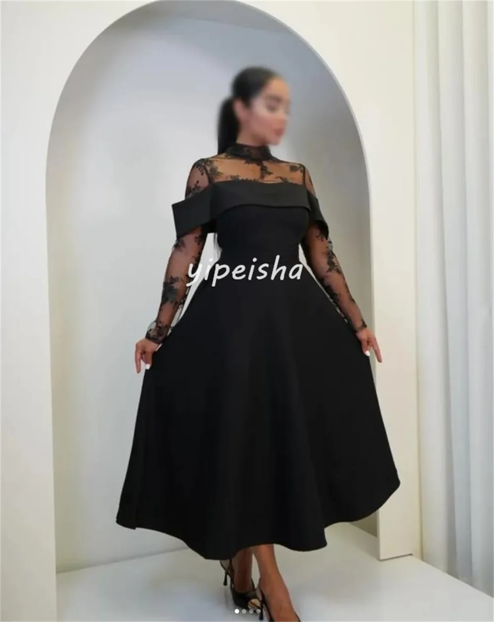 تخصيص رائعة الرسمية جيرسي الطية الدانتيل ألف خط عالية الياقة فساتين متوسطة الطول مخصص فساتين المناسبات الأحجام المتاحة الكلاسيكية