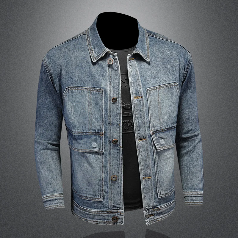 Jaket Denim Katun Kasual Pria Baru Musim Semi 2023 Mantel Jeans Biru Retro Dicuci Ramping Mode Gaya Klasik Jaket Pria Baju Merek