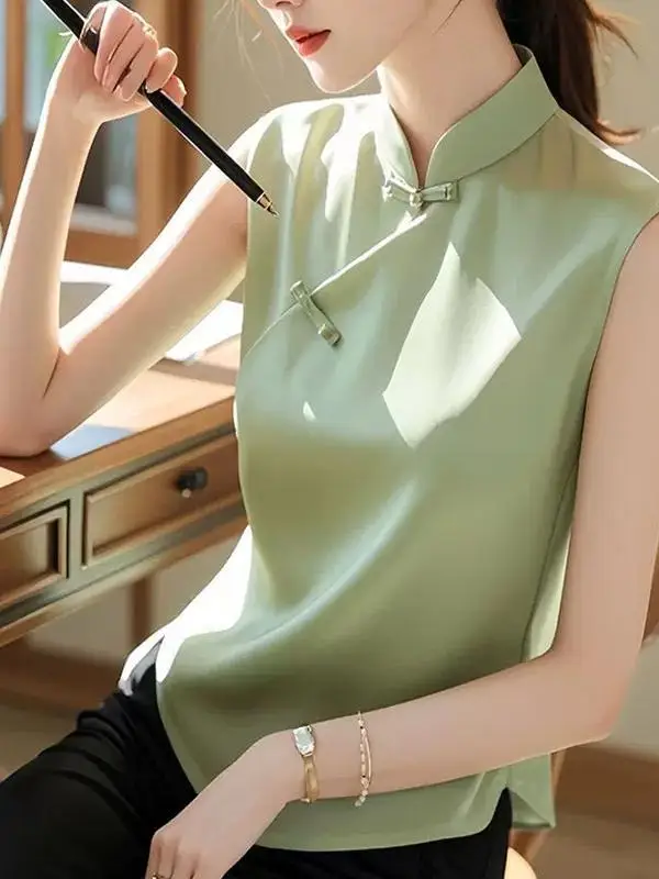 Nuovo Top Estivo da Donna in Seta Cinese, Design Elegante e Semplice, Stile Casual e Alla Moda