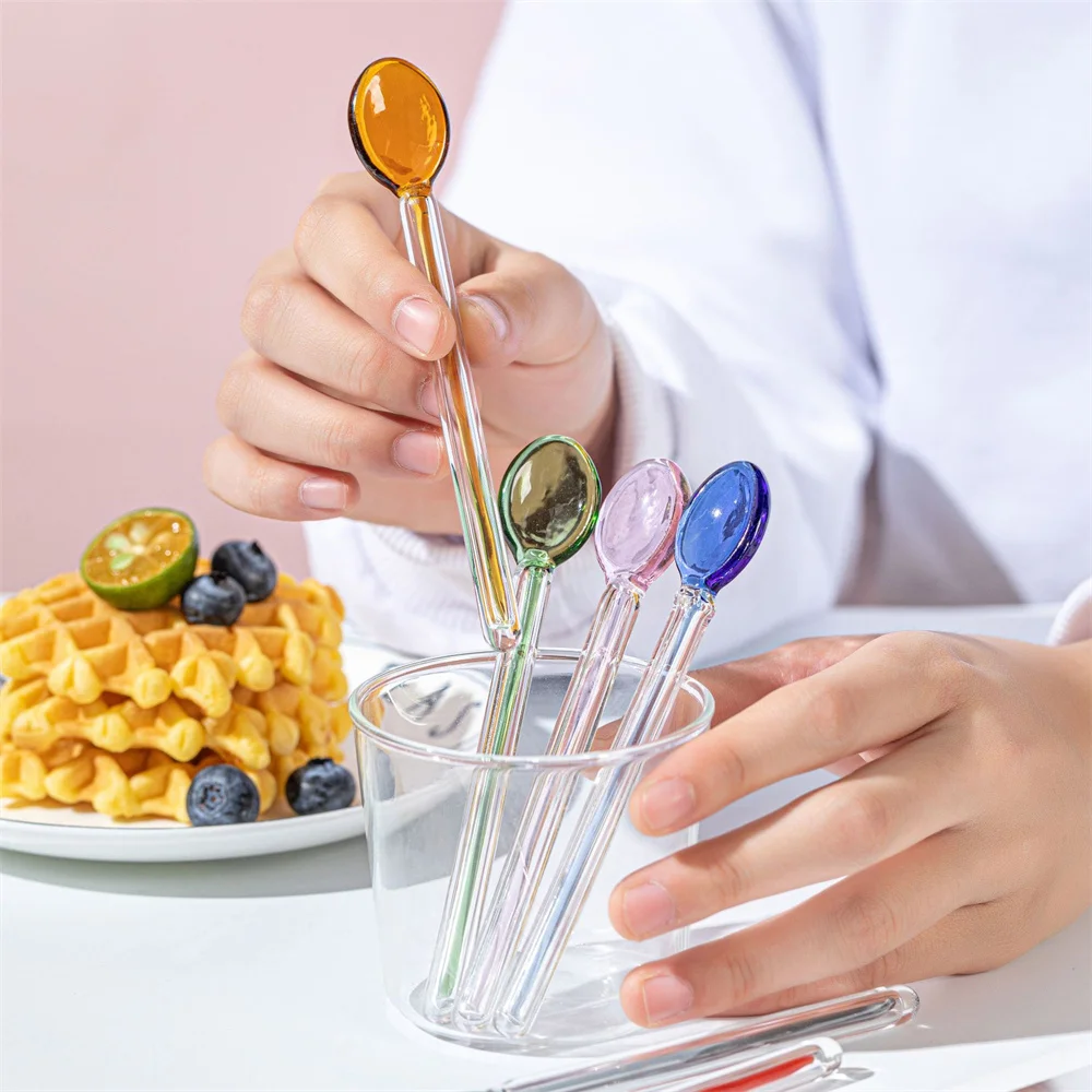 Exquisite Colorful Glass Spoon High Temperature Resistant Spoon Long Handle Juice Coffee Stirring Spoon Milk Dessert Spoons
