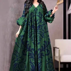 Elegant Vintage Abaya Green Loose Middle Eastern Robe Muslim Dress Women Turkish Printed Floral Evening Dresses V-neck for Women