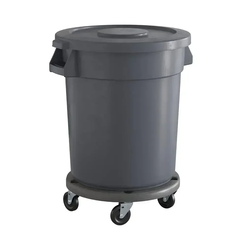 20 Gallon Gray Heavy-Duty Round Trash Bin with Lid and Dolly, Ideal for Commercial Use in Various Settings