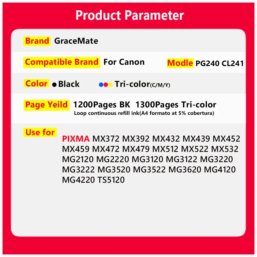 pg240 cl241 Ink Cartridge Replacement for  canon printer pixma cartridge MX372 MX432 MX439 MX472 MX479 MX512 MX532 MG2120 MG3120