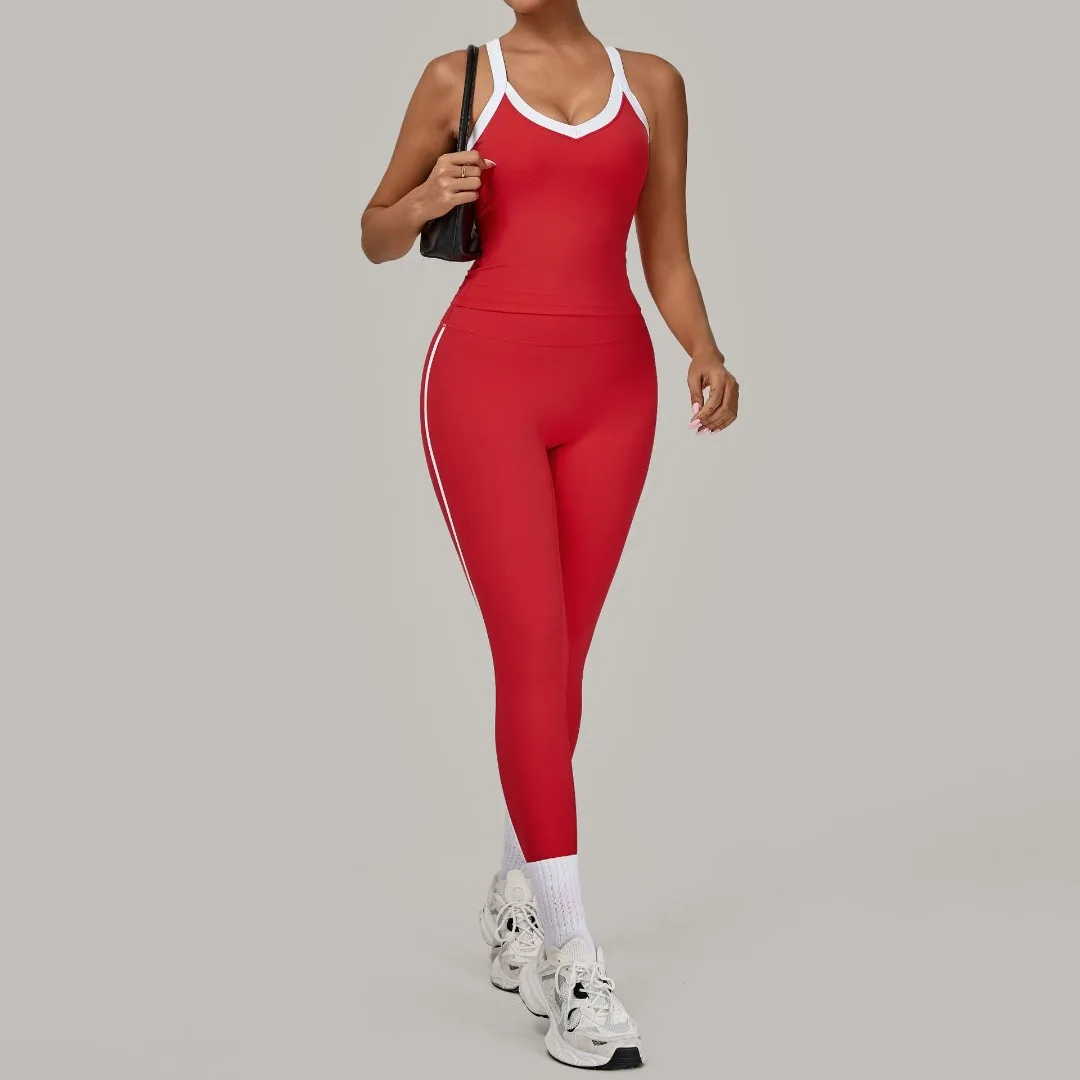 

Yoga Set Sports Fitness Women's Contrasting Color Tight Nude Pants Sports Vest Suit Outdoor Workout Gym Leggings 2-piece Set