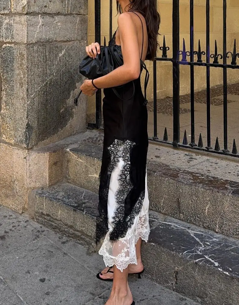 جديد الساتان الدانتيل الربط فستان بكتافة المرأة أنيقة غير النظامية هيم الخامس الرقبة عارية الذراعين أكمام ثوب شيك المرأة نادي الحفلات Vestido