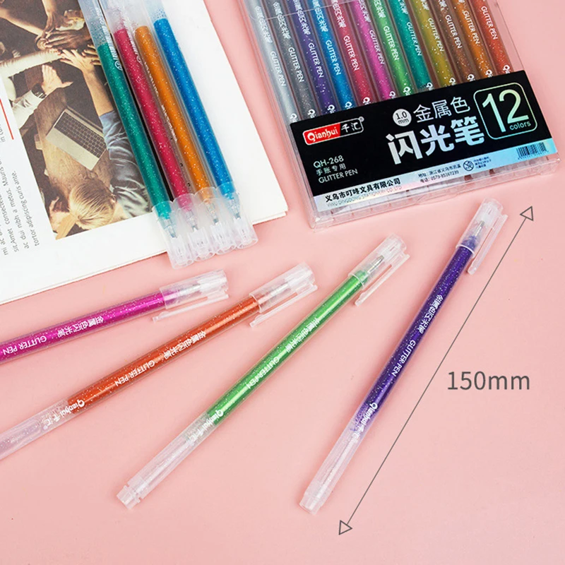 12 Colors Glitter Gel Pens 1.0MM Color Gel Pen For School Office Coloring Book Journals Drawing Doodling Art Marker Pen