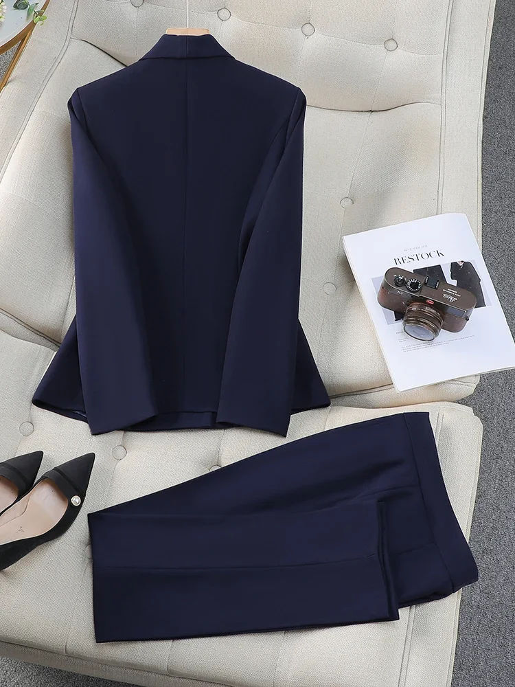 Women Pant Suit Gray Navy Black Office Ladies Female Business Work Wear 2 Piece Set Formal Blazer Jacket Trouser JJ1028