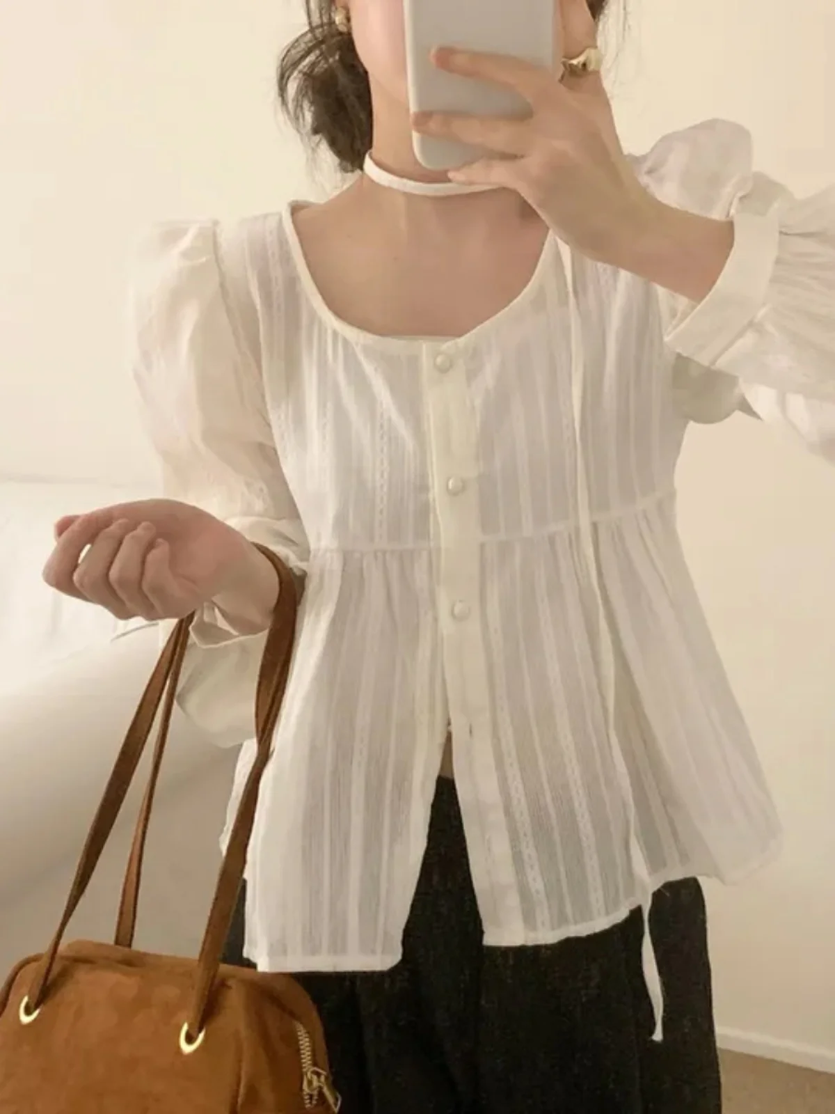 

Chic White irt Women's Ne Hanging Design Bubble Sve Waist Inward ort Sle Single Button Korean Version Loose Fit
