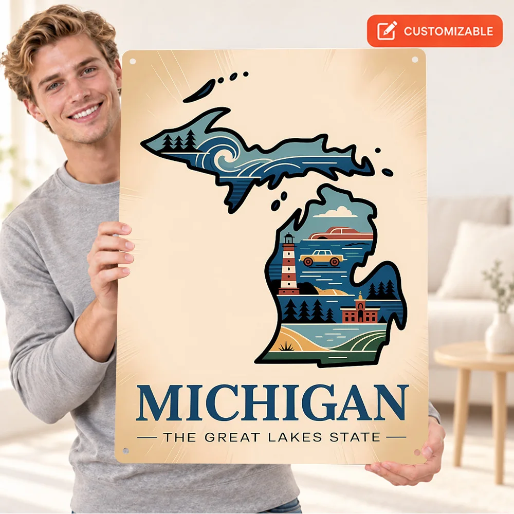 Michigan: The Great Lakes State Illustration Map Printed Poster Personalized Aluminum Metal Sign Graphic Wall Art For Study Room