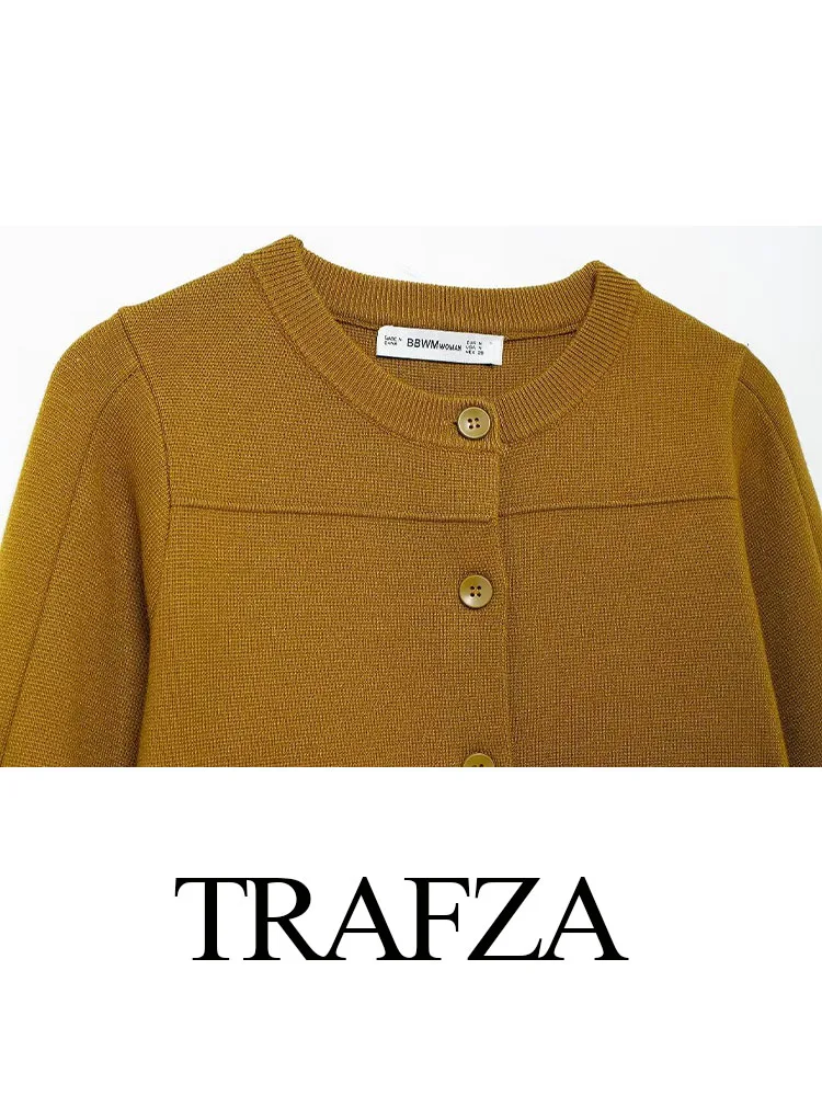 TRAFZA Autumn Coats Woman Trendy Solid O-Neck Long Sleeves Pockets Single Breasted Female Fashion Sweater Loose Cardigans