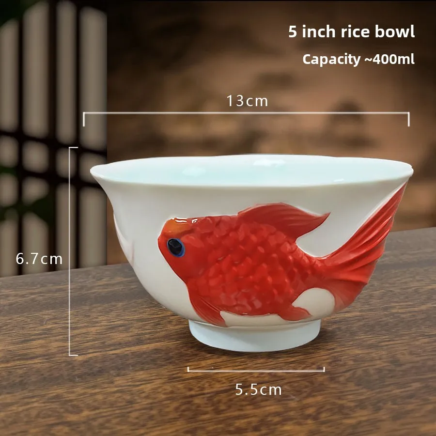 Chinese Koi Ceramic Deep Plate,Home 3D Relief Vegetable Plate Deep Soup Plate,Joyful Goldfish Bowl,Symbolizing Fortune Happiness