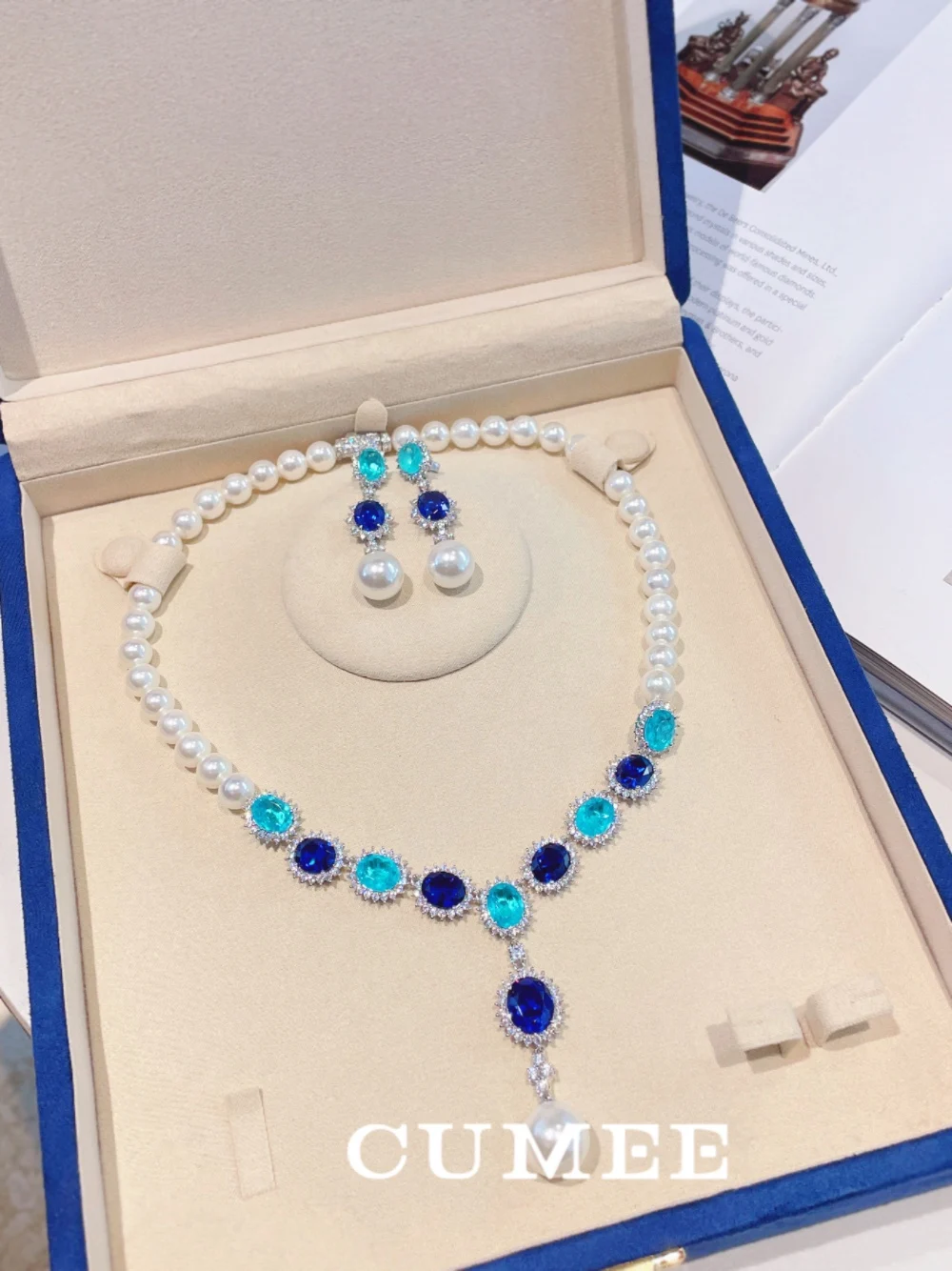 

CUMEE Fine Jewelry Lab Created Sapphire Gemstone Paired Artificial Australia White Pearls Necklace 925 Silver Gold Plated