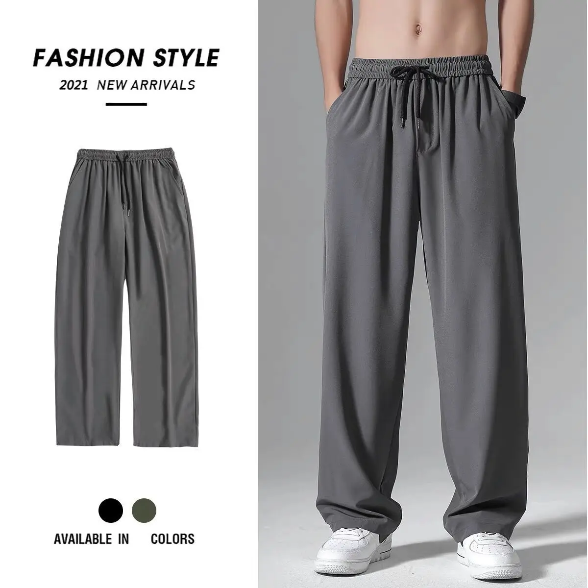 

Men's Straight Leg Ice Silk Casual Pants Loose Wide Leg Student Pure Color Summer Thin Long Trousers Comfortable Leisure West...