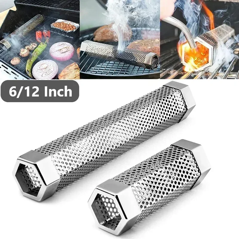 6/12 inch BBQ Stainless Steel Smoker Grill Tube Perforated Mesh Filter Gadget Pellet Smoking Generator Hexagon Spice Smoked Box