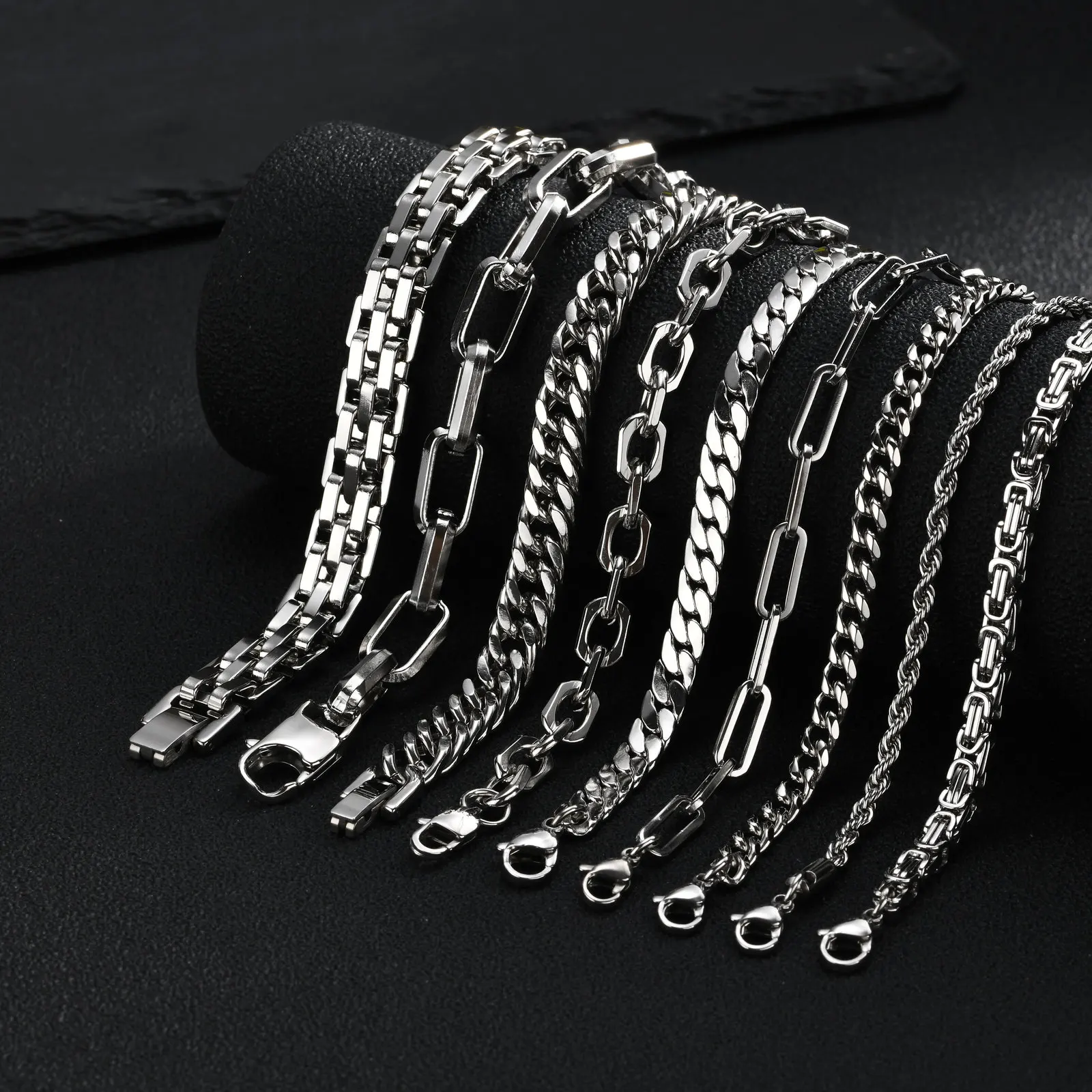 Punk Silver Color Men's Chain Bracelets,Hiphop Stainless Steel Braided Link Wristband,Classic Metal Jewelry Gift for Him Dad
