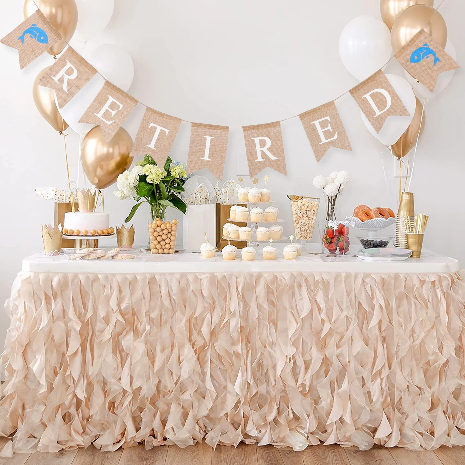 

Burlap Banner Dovetail Garland Retire Party Special FISH ALLY RETIRED Letter Pineapple Swallowtail Flag Indoor Outdoor